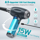 KACNON K5 Compressed Air Duster, 3-Gear Dust Blower Electric Air Duster for Computer Cleaning, 15W Fast Charging, LED Light & 4 Battry Indicator, 7500mAh Replace Air Cans